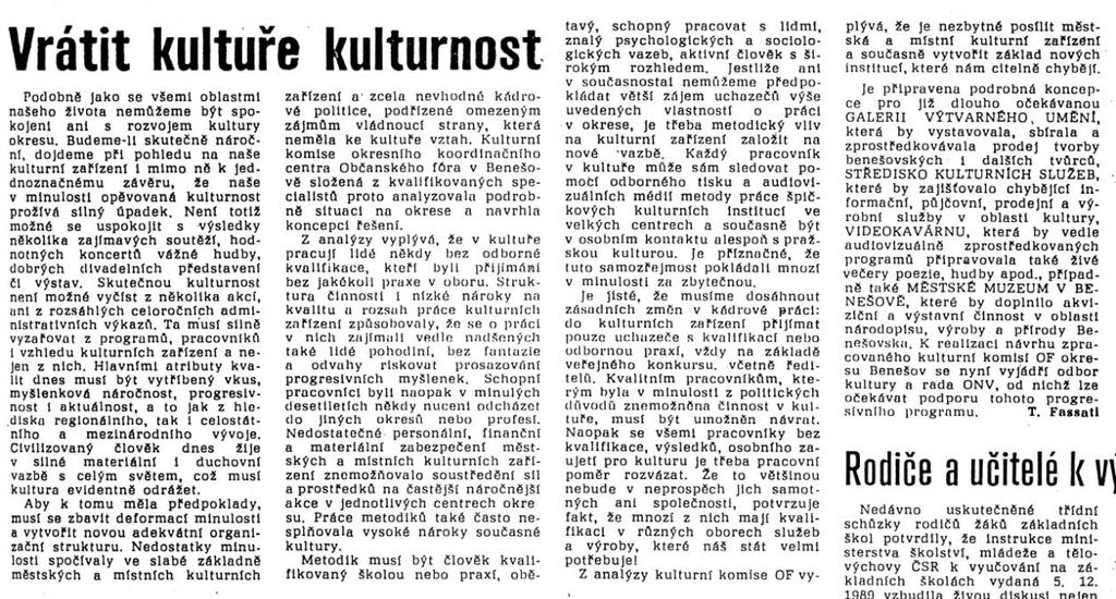 Článek z regionálních novin Jiskra, který je jakýmsi programovým prohlášením kulturní komise Občanského fóra.