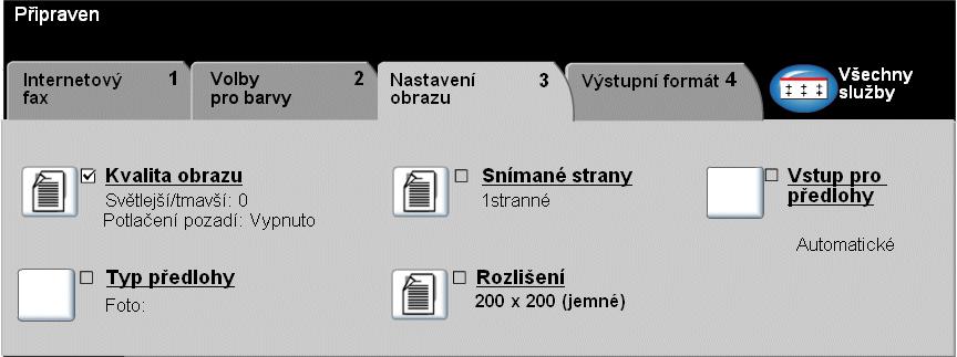 Nastavení obrazu... Internetový fax Záložka Nastavení obrazu se používá k dočasnému nastavení funkcí pro vylepšení vzhledu a stylu obrazu nasnímaného funkcí Internetový fax.