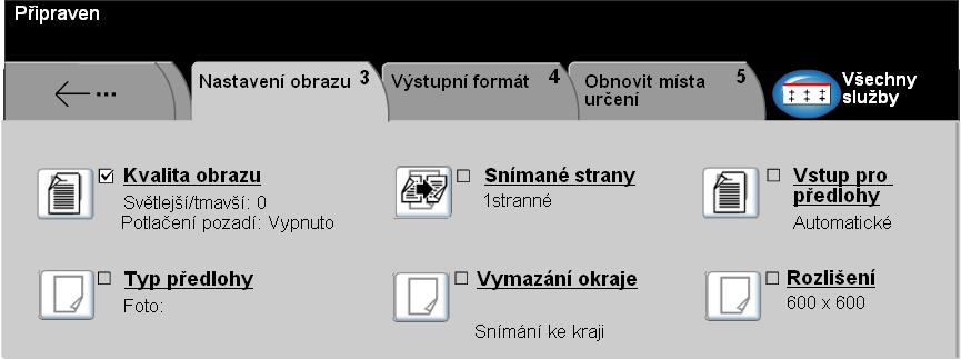 Snímání v síti Nastavení obrazu... Záložka Nastavení obrazu se používá pouze pro nastavení vlastností týkajících se sejmutých obrazů. Funkci vyberete stiskem libovolného horního tlačítka.