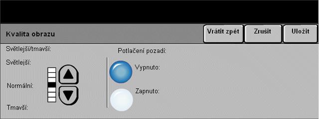 E-mail Kvalita obrazu Použijte tuto vlastnost pro zlepšení kvality snímaných předloh. Volby: Světlejší / tmavší Potlačení pozadí Nastavuje světlost a ztmavení černobílého výstupu.