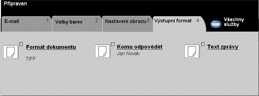 E-mail Výstupní formát... Použijte tuto funkci pro změnu e-mailové adresy, na kterou se má odpovědět, a stanovení formátu souboru potřebného pro sejmutý obraz v e-mailu.