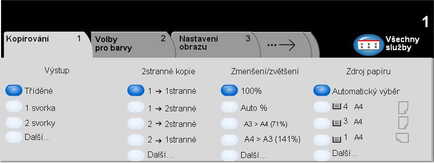 Základní kopírování... Kopírování Záložka Základní kopírování je výchozí obrazovka pro cestu funkcí. Záložka Základní kopírování slouží k výběru standardních funkcí pro úlohu kopírování.