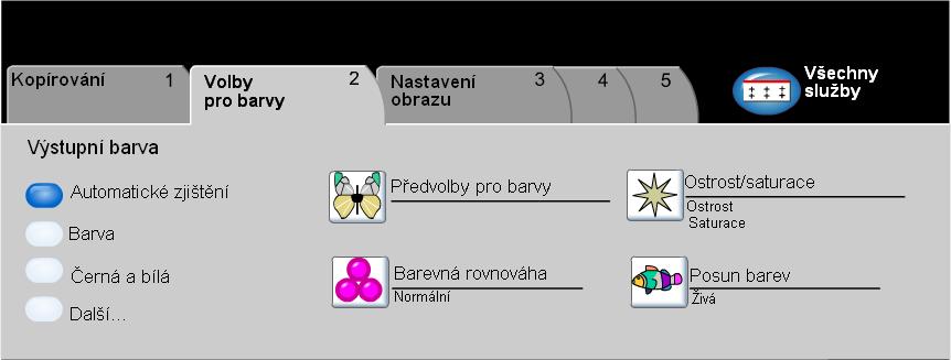 Kopírování Volby pro barvy... Záložka Volby pro barvy se používá k výběru různých funkcí pro barvy v dokončeném výstupu. Funkci vyberete stiskem libovolného horního tlačítka.