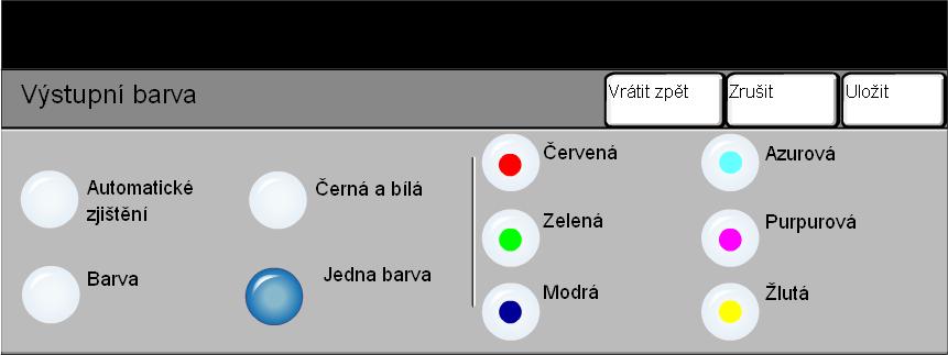 Výstupní barva Dotekem tlačítka Další... na záložce Volby pro barvy otevřete obrazovku Výstupní barva. Možnosti volby Výstupní barva použijte k výběru požadovaných nastavení barvy pro kopie.