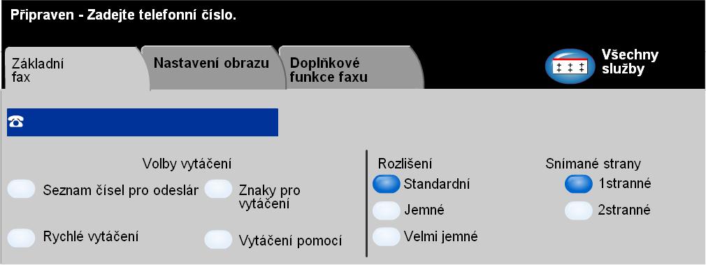 Fax Snímané strany Tato volba se používá ke stanovení, zda jsou předlohy jednostranné nebo oboustranné. Pro oboustranné předlohy lze také naprogramovat orientaci.