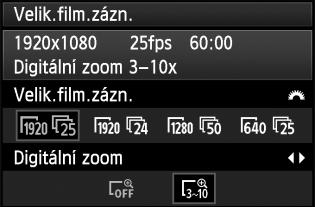 3 Použití digitálního zoomu pro filmy Poud je nastavena veliost snímu [1920x1080] (Full HD), můžete snímat s přibližně 3násobným až 10násobným digitálním zoomem. 1 2 3 Vyberte hodnotu [1920x1080 9].