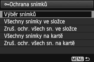 Pomocí tlačíta <U> vyberte sníme, u terého chcete nastavit ochranu, a stisněte tlačíto <0>. Poud je ochrana snímu nastavena, zobrazí se v horní části na obrazovce iona <K>.