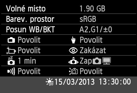 Praktické funkce B Kontrola nastavení fotoaparátu Pokud jsou zobrazena nastavení fotografování (str. 50), zobrazíte stisknutím tlačítka <B> nastavení hlavních funkcí fotoaparátu.