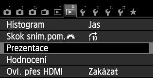 3 Prezentace (automatické přehrávání) Snímky uložené na kartě můžete přehrávat jako automatickou prezentaci. 1 Vyberte položku [Prezentace].