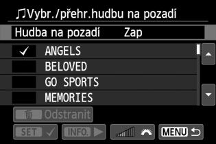 3 Prezentace (automatické přehrávání) Výběr hudby na pozadí 1 2 3 Vyberte položku [Hudba na pozadí]. Nastavte položku [Hudba na pozadí] na hodnotu [Zap] a stiskněte tlačítko <0>.