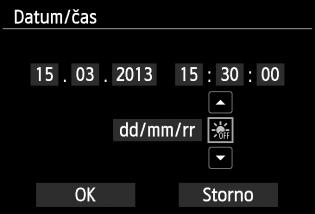 3 4 5 3 Nastavení časového pásma, data a času Nastavte datum a čas. Pomocí tlačítka <U> vyberte hodnotu data nebo času. Stisknutím tlačítka <0> zobrazte rámeček <a>.