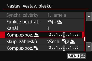 Fotografování s bezdrátovým bleskem s uživatelským nastavenímk Kompenzace expozice s bleskem Po nastavení položky [Režim blesku] na hodnotu [E-TTL II] lze nastavit kompenzaci expozice s bleskem.