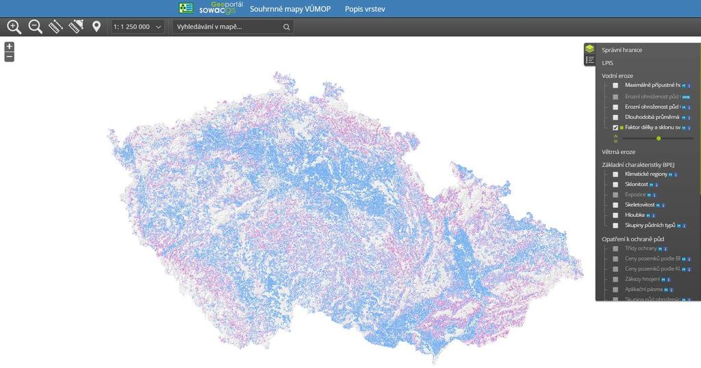 7 PORADENSTVÍ VE VZTAHU K DZES A EROZI Souhrnné mapy VÚMOP je komplexní mapová aplikace zpřístupňující geografické vrstvy popisující základní charakteristiky půdních vlastností vycházejících z BPEJ,