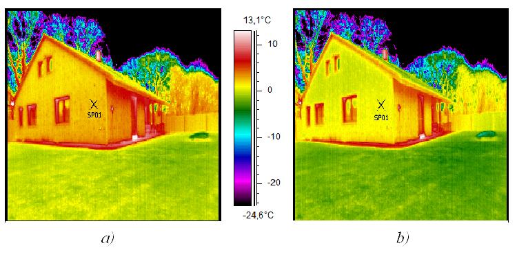 8,6 8,6 (0 %) 8,3 (-3,5 %) Měření v exteriéru: t odražená Termogram pláště budovy: a) zadání při změně zdánlivě odražené teploty na 20 C b) zadání při změně zdánlivě odražené teploty na 0 C 40/48