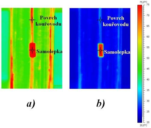 Měřicí situace: 1) Emisivita měřeného povrchu Termogram kouřovodu plynového kotle: S emisivitou odpovídající emisivitě