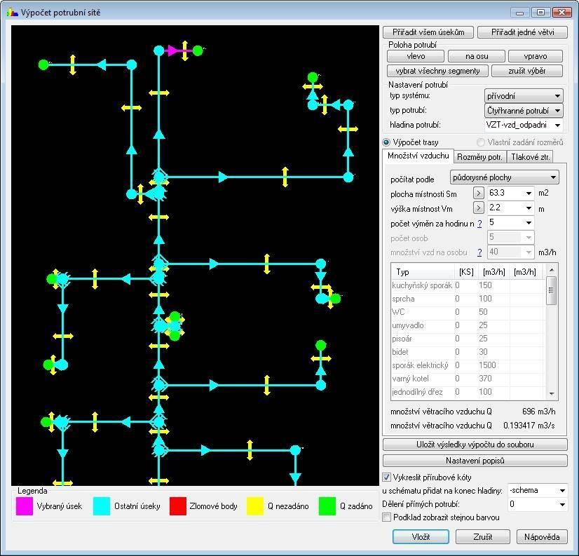 Modul Vzduchotechnika Vykreslení trasy potrubí včetně výpočtu dimenzí a tlak. Ztrát Nová podpora pro výpočet množství vzduchu, dimenzí potrubí a tlakových ztrát.