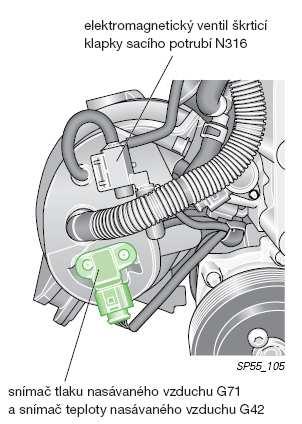 Obr. 163.2 Snímač tlaku nasávaného vzduchu a snímač teploty nasávaného vzduchu. 12.1.6.3 Snímač tlaku paliva nízký tlak G410 Snímač tlaku paliva je umístěn v přívodním palivovém vedení, které ústí do vysokotlakého palivového čerpadla.