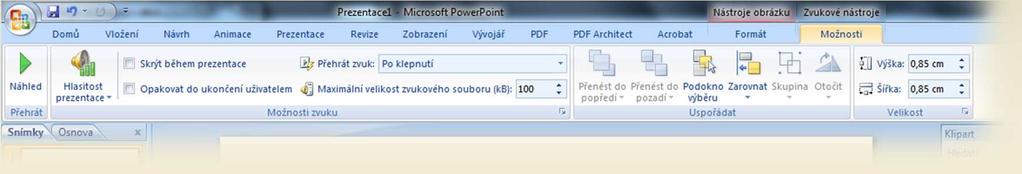 Zvuk karta Možnosti skýtá kromě již známého nastavení rozložení nástroje pro volbu přehrání zvuku (automaticky, po klepnutí