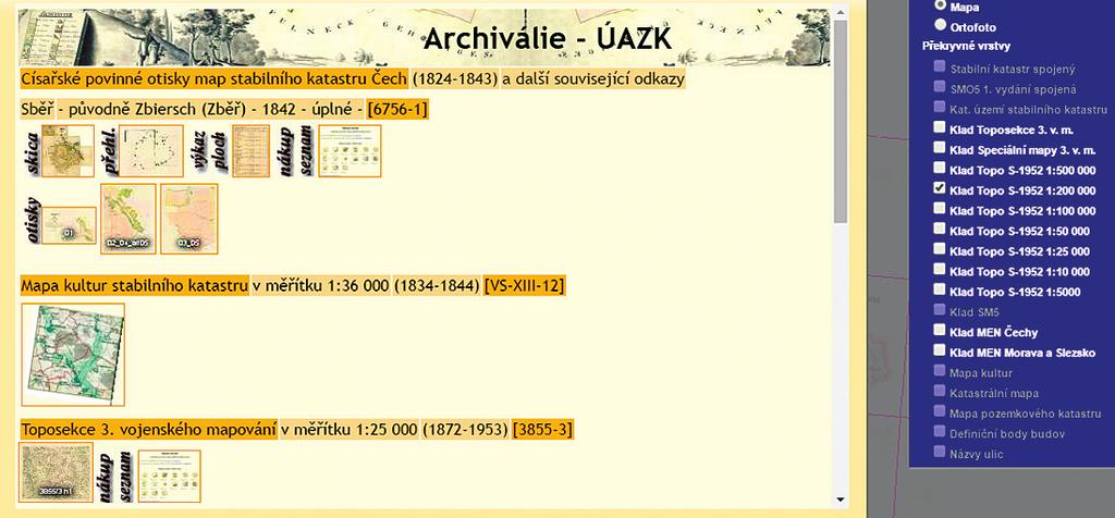 Online zpřístupnění vybraných digitalizovaných mapových sbírek v České republice sloupci má uživatel možnost volit mezi mapovými vrstvami.
