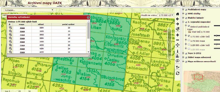 Obr. 2 Klad mapových listů s výsledky vyhledávání naskenovaných map v 3. vojenském mapování v měřítku 1 : 75 000.