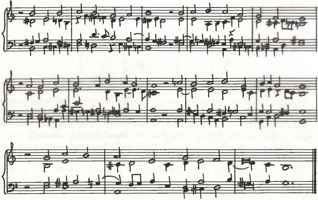 Obdobnou technikou komponované Scheidtovy chorální předehry s harmonizací protestantských chorálů mají podobné postupy: Christ lag in Todesbanden s melodií v d dórské má úplné autentické kadence