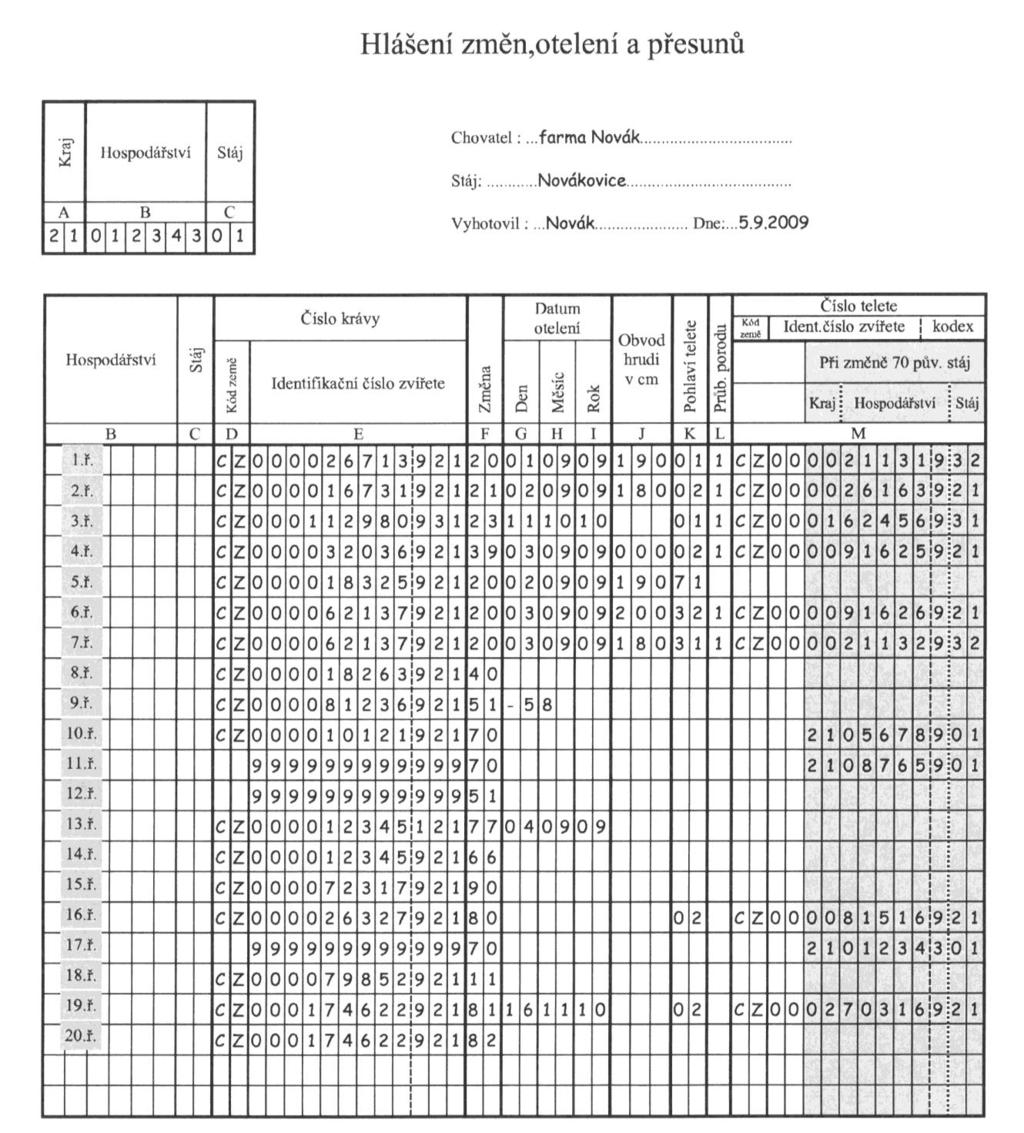 3.2.2. Vzor vyplnění tiskopisu Hlášení změn, otelení a
