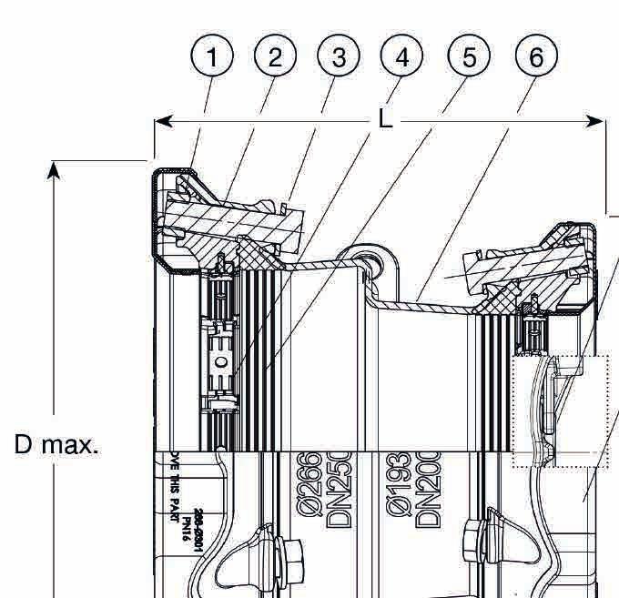 SUPA MAXI TM / ORION PLUS REDUKOVANÁ SPOJKA 9.4.6 Univerzální a v tahu jištěný spoj, A2 šrouby, EPDM těsnění 632 Technický popis 1. Matka Kyselině odolná nerezová ocel A4 2. Šroub Nerezová ocel A2 3.