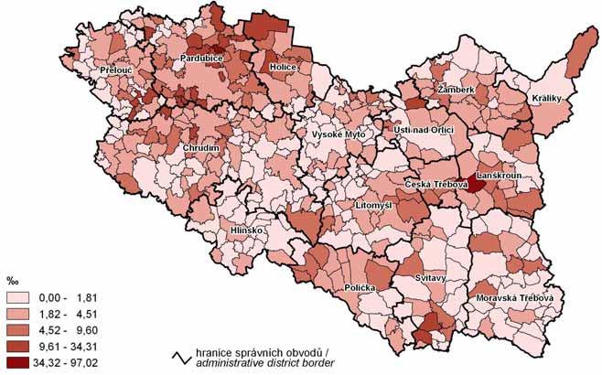 1. Živě narození na 1 000 obyvatel podle obcí v Pardubickém kraji (průměr let 2005 2009) Live births per 1 000 population: by municipality in the Pardubický Region (2005 2009 average) 2.