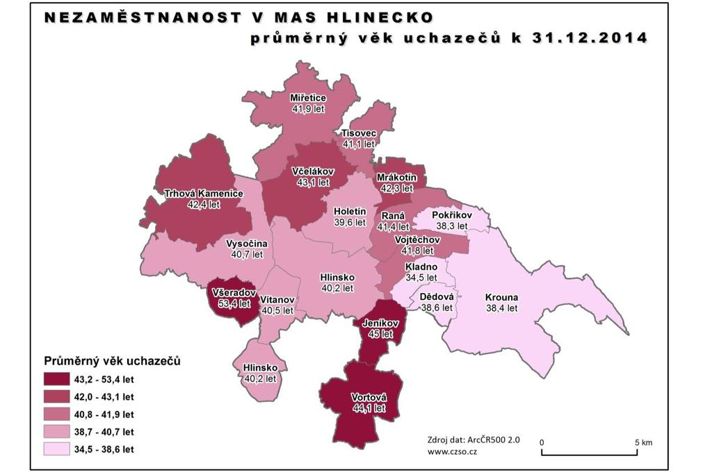 Z obrázku 48 je patrný průměrný věk uchazečů o zaměstnání rozdělený podle obcí. Průměrný věk nezaměstnaných v obcích se pohybuje v rozmezí 34-54 let.