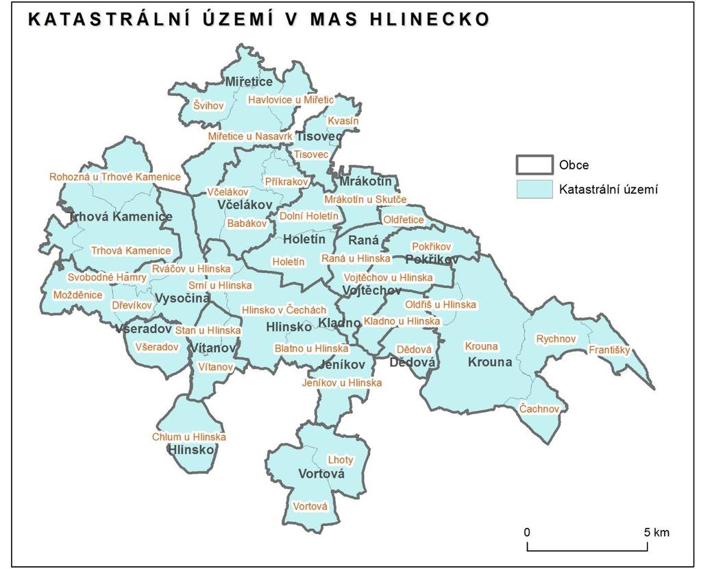 Obrázek 6: Katastrální území MAS Hlinecko Zdroj: ArcČR500 Obrázek 7: Území MAS