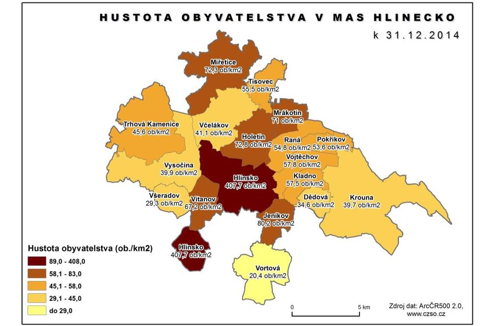 6.2 Hustota zalidnění Hustotu zalidnění na území MAS znázorňuje kartogram na obrázku 18. Obrázek 18: Hustota zalidnění v MAS Hlinecko k 31. 12.