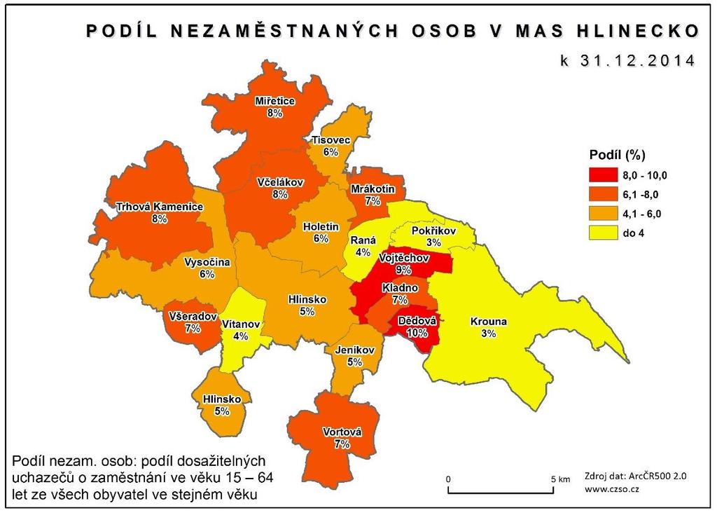 Obrázek 46: Podíl nezaměstnaných osob v MAS Hlinecko k 31. 12.