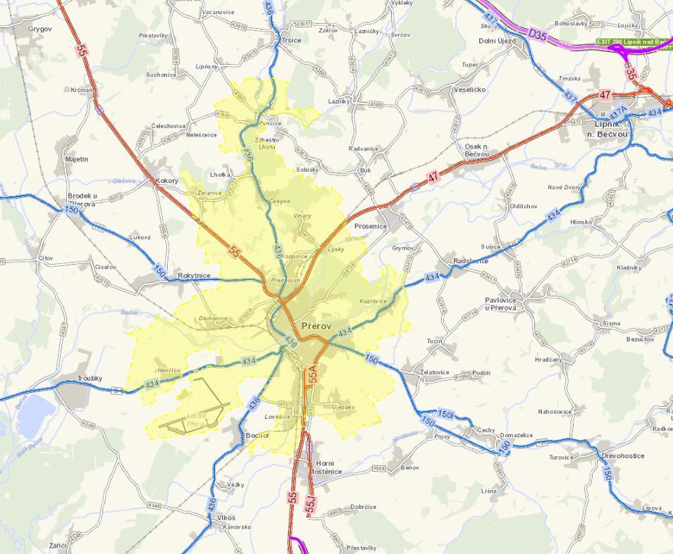 Obrázek 5.1: Silniční síť ve městě Přerově a okolí. Zdroj: ŘSD ČR 5.
