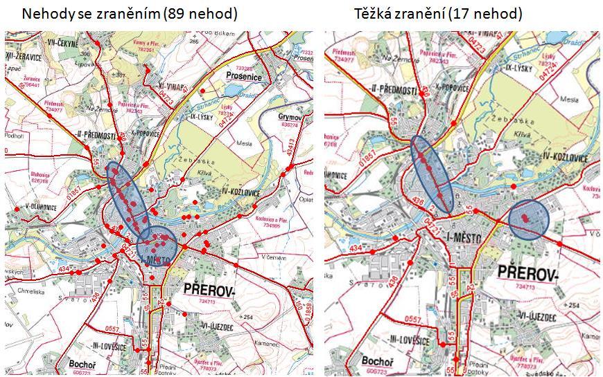 8.5 ZÁVADY A PROBLÉMOVÉ OBLASTI, NEHODOVÉ LOKALITY Závady na cyklistické síti z hlediska nehodovosti jsou v lokalitě Velká Dlážka, Šířava a 17. listopadu.