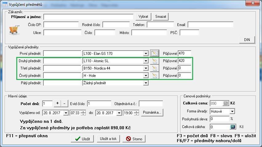 6. Při vypůjčení předmětů program automaticky vypočítává cenu vypůjčení dle vybraných předmětů, délce vypůjčení a případného slevového zvýhodnění.