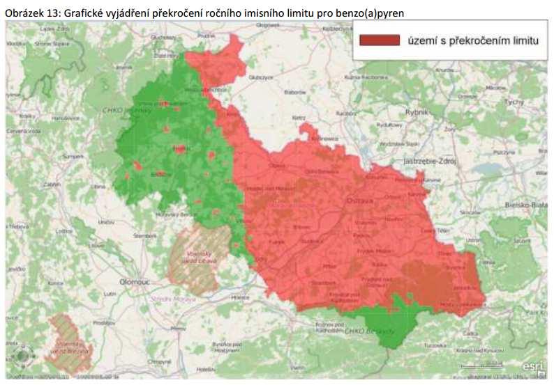 c) pro benzo(a)pyren je stanoven imisní limit ve výši 1 ng/m3, který je překračován na celém území kraje: 66.