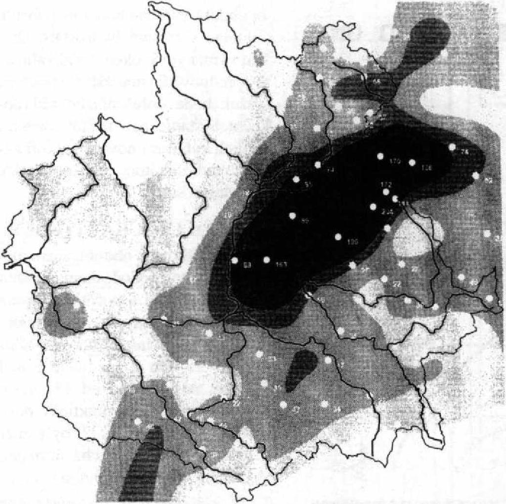 Obr. 9 Radiosondáíni výstup Brno 23. 7. 1998 00.00 UTC. Fig. 9. Fadiosounding output Brno on 23 Juty 1998 00.00 UTC. 50 K ilom eter» Obr. JO Mapa srážkových úhrnů pobočky Hradec Králové 22. 7. 1998. + Legenda : Omm 0-2 0 mm 2 0-5 0 mm 50-60 mm 80 *110 mm 110-140 mm 140-170 mm 170-200 mm >200 mm Fig.