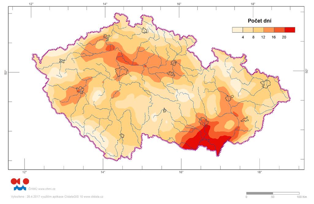 Obr. 1.7.1.1. Průměrný roční počet dní s horkou vlnou za období 1986-2015. 1.7.2 Výhled změn - modelové projekce Prostorové rozložení očekávaných změn průměrného ročního počtu dní s horkou vlnou na území ČR je vidět na obr.