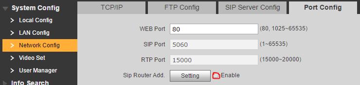 Přejdeme do System Config -> Network Config -> Port Config a zrušíme volbu Sip Router