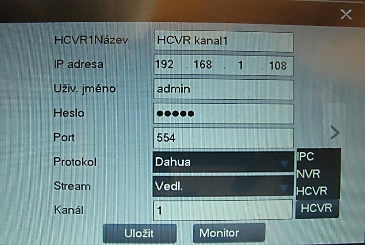 Protokol pro zařízení Dahua volíme Dahua či Local, pro ostatní zařízení zvolíme OnVIF (negarantováno) Stream volíme Vedlejší či Extra Stream