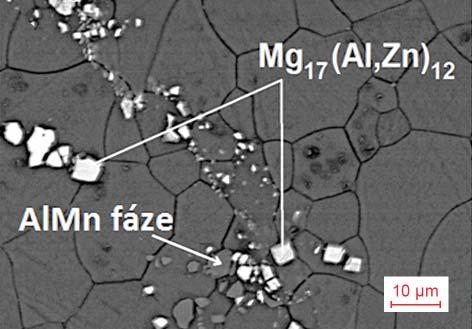 a) Struktura hoøèíkové slitiny AZ31, b) Fáze ve slitinì, leptadlo pikral, plocha Fig. 1.