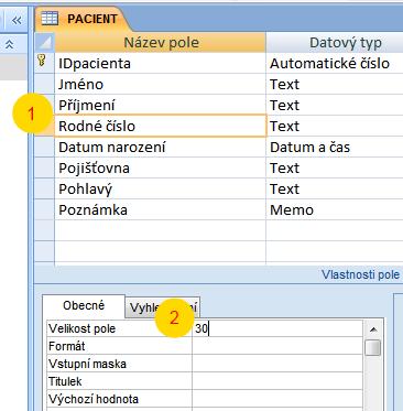 Změnu provedeme: 1) označíme pole Rodné číslo 2) Ve vlastnostech pole na řádku Velikost pole přepíšeme předvolenou hodnotu 255 znaků na 30 znaků Obdobně můžeme nastavit vlastnost Titulek pole.