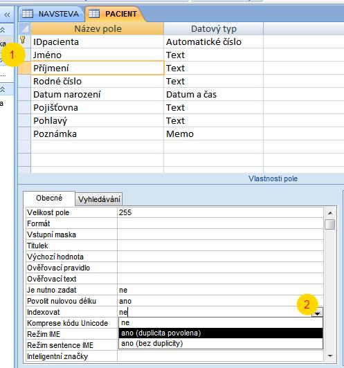 Vytváření indexů O indexech jsme již psali a něco o nich víme. Teď si ukážeme, jak budeme indexy v tabulce vytvářet. 1) V návrhovém zobrazení tabulky vybereme pole, které budeme chtít indexovat.