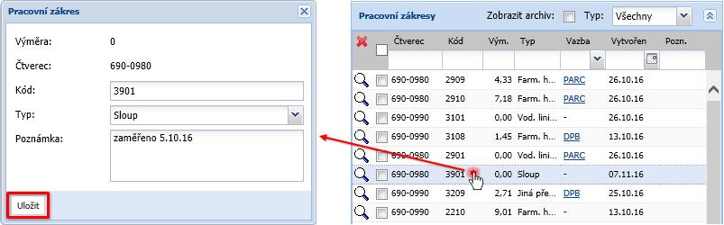 Kliknutím do řádku pracovního zákresu (v přehledu v dolní části záložky Prac.