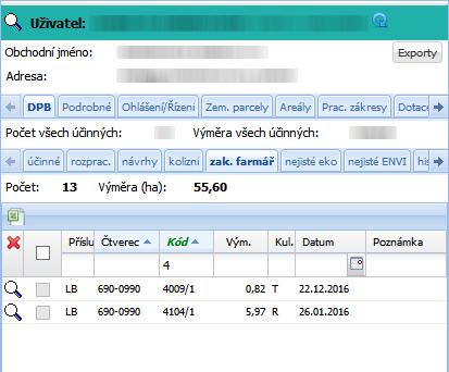 Zákresy farmáře ve stromečku a v mapě (žárovička ve skupině PB/DPB dle stavu) Zákresy farmáře v popisném poli (záložka DPB, podzáložka zák.