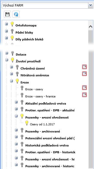 Erozní pozemky ve stromečku a v mapě (žárovička ve skupině Životní prostředí -> Eroze) Erozní pozemky v