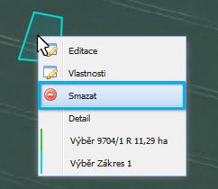 c) Pouze u dosud neuloženého zákresu: v mapě kliknete na zákres pravým tlačítkem myši a v zobrazené nabídce zvolíte Smazat.