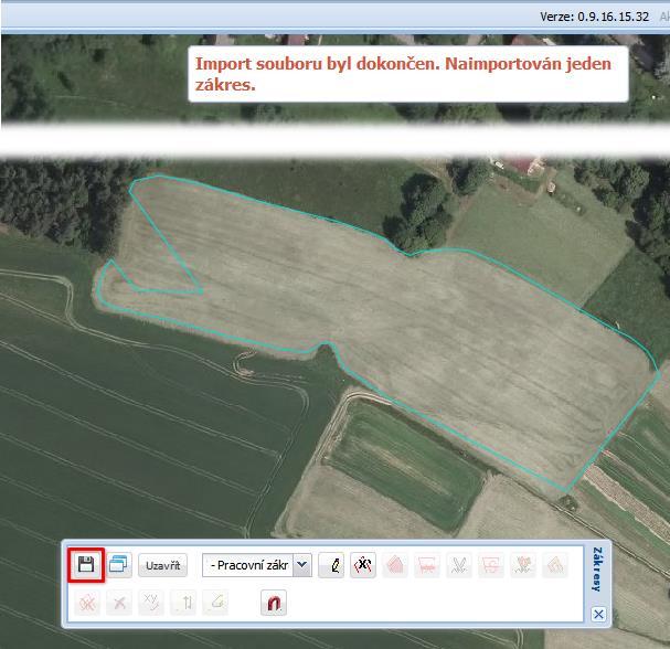 mapě objeví nový zákres, který se automaticky přiblíží do mapového okna. Uložte zákres kliknutím na ikonku.