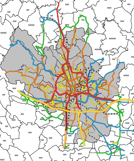 Obrázek 1 - Rozsah sítě použitý v dopravním modelu. Zdroj: AF-CityPlan 3.2 DOPRAVNÍ POPTÁVKA Vstup dopravní poptávky z matic přepravních vztahů do sítě se odehrává pomocí napojení dopravních zón.