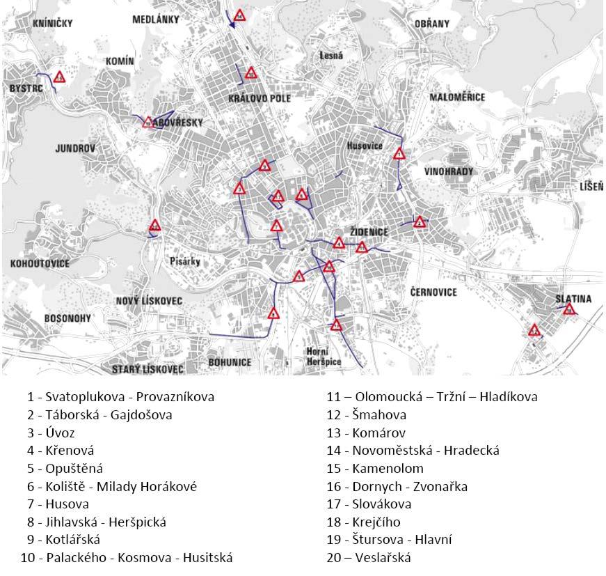 Obrázek 73 - Místa a oblasti, která mají vliv na pravidelnost a přesnost MHD. Zdroj: Program pro MHD = Program pro Brno 7.12.